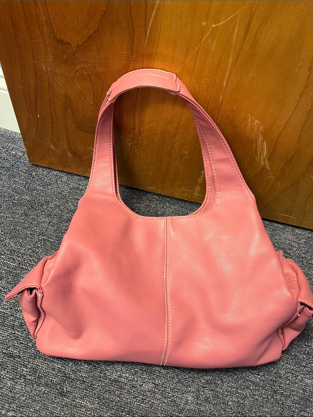 Y2K Coral Pink Leather Shoulder Bag w cosmetic pouch
